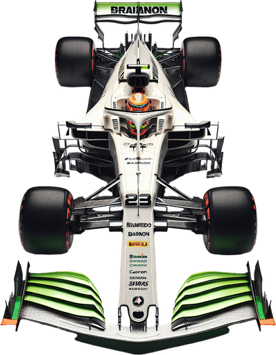 Photorealistic F1 race car without Halo safety device. Top view.
White body with neongreen nose. 
Black BrainGP text on body sides. 
Red "Cainon" text on front wings. 
Neongreen rear wing with Orange "BRAWNDO" text.