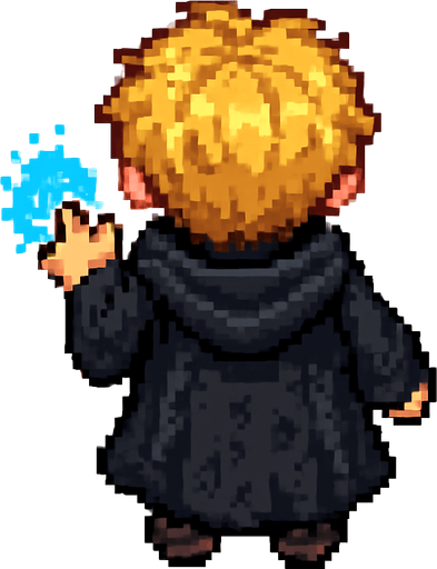 "Top-down 2D pixel art of a young male wizard child, viewed from a perfect 90-degree angle directly overhead (true bird’s-eye view), facing away from the viewer (back view). He has short, wavy blonde hair and wears a long, flowing black robe with subtle magical runes on it. Small dark boots are barely visible beneath the robe. His robe has a slightly oversized hood resting on his back. He is standing still in a casting pose, one small hand slightly raised forward as if ready to cast a spell. A glowing blue aura surrounds his hand to indicate magic. The lighting is soft and ambient, suitable for a fantasy RPG game. Style is classic 16-bit RPG pixel art, SNES-era quality. Transparent background.".
In-Game asset.  2d.  High contrast.  No shadows