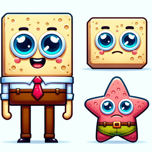 SpongeBob cartoon characters.
Single Game Texture. In-Game asset. 2d. Blank background. High contrast. No shadows.