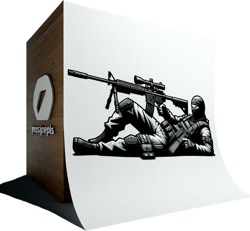 Ниндзя с винтовкой лежит.
Single Game Texture. In-Game asset. 2d. Blank background. High contrast. No shadows.