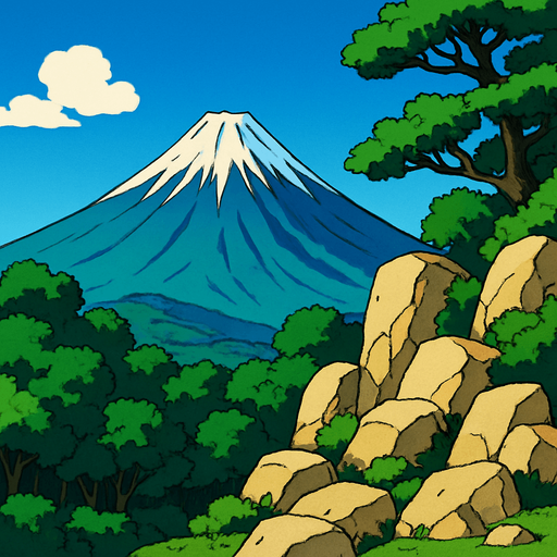 2d anime image pemandangan gunung fuji jepang zaman kuno di kejauhan. wilayah hutan dan bukit bebatuan dari dekat. langit biru cerah.
In-Game asset.  2d.  High contrast.  No shadows