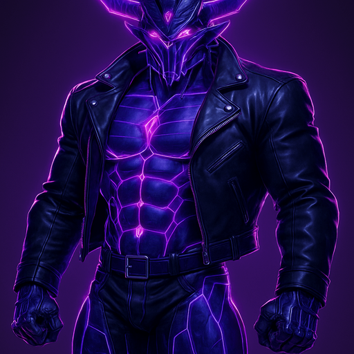 Black leather biker jacket longsleeves bare segmented neon cyberpunk pecs abs muscles robot monster hunk Neon cyberpunk 3d hologram corporate occult demon android mecha robot sentinel guard soldier machine monster fully in frame no part cut off no background anime futuristic