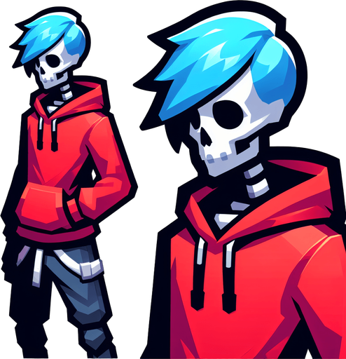 skeleton hair blu felpa rosso.
Single Game Texture.  In-Game asset.  2d.  Blank background.  High contrast.  No shadows
