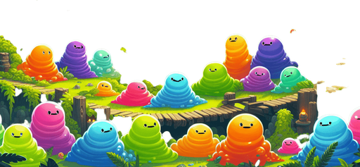 Fullscreen medieval landscape banner, 16:9, high definition, for a game titled "Slime Bestiary". Medieval forest with multiple colored slimes. No text on banner!