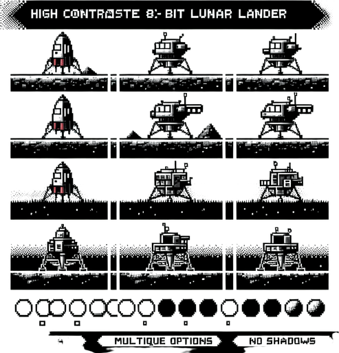 8-bit. Lunar Lander. 2d. various options per image. Single Game Texture. In-Game asset. 2d. Blank background. High contrast. No shadows..
Single Game Texture. In-Game asset. 2d. Blank background. High contrast. No shadows.
