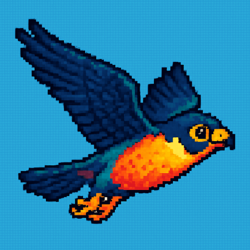 Fastest flaying bird ( Piksel art). Cute. Colorful 
In-Game asset.  2d.  High contrast.