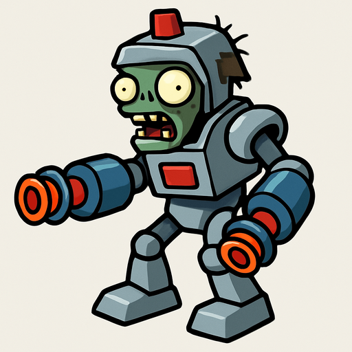 a plant vs zombies zombie whit a robot costume and a laser gun arms.
In-Game asset.  2d.  High contrast.  No shadows