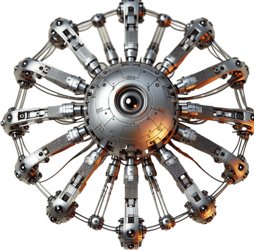 Top-down view of a floating mechanical robot with a circular body. Thin, robotic arms extend outward, metallic and glowing. The head is small with glowing eyes. Strictly top-down view, no perspective or angle. Clean and detailed for 2D gameplay.
Single Game Texture. In-Game asset. Top-down view. No shadows. 2D style. High contrast. Blank background.