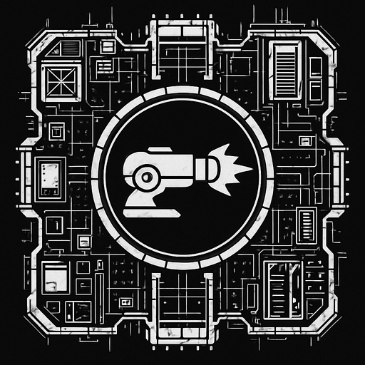 2D Top floor of complicated tower facing the screen to use it as a grid. future. Cyberpunk. abstract. seen from above. HD colors. Black & white colors. No Diagonal assets. Big logo of a cannon firing on the middle of it.