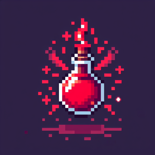 A small red potion. Pixel art..
Single Game Texture.  In-Game asset.  2d.  Blank background.  High contrast.  No shadows