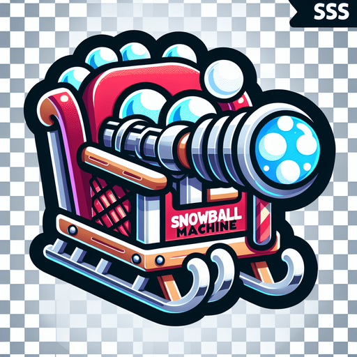 Icon for a Snowball machine on the back of santas sledge, cartoon, with the text „snowball machine“ on the top Single Game Texture. In-Game asset. 2d. Blank background. High contrast. No shadows.