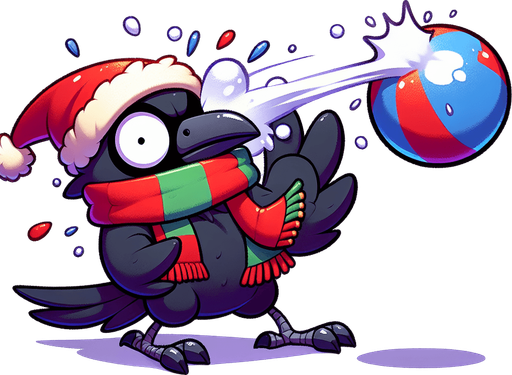 raven with christmas hat and colorful scarf got hit by a snowball in the air, he is shocked, cartoon Single Game Texture. In-Game asset. 2d. Blank background. High contrast. No shadows.