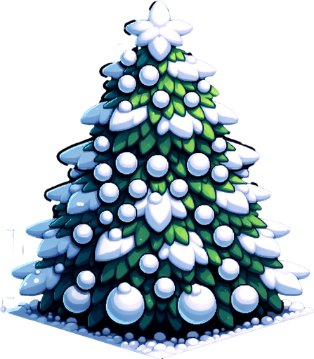 A snowcovered christmas tree decorated with snowballs..
Single Game Texture. In-Game asset. 2d. Blank background. High contrast. No shadows.