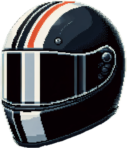profile  view of an empty motorcycle helmet. black with a white vertical central band and another thiner orange band on the center.
NOT PERSPECTIVE!. Pixel art high definition