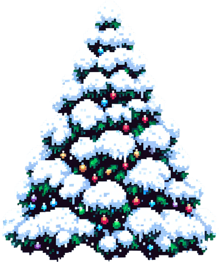 pixel art of a christmas tree covered in snow. Single Game Texture. In-Game asset. 2d. Blank background. High contrast. No shadows.