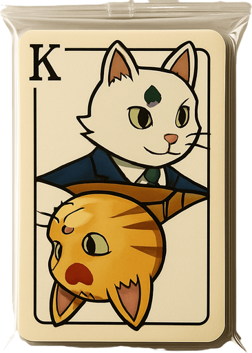 A booster pack of collectible cards in the plastic packaging. On the package is a picture of these two cats as if they are the King on a card in a deck of regular playing cards. The white one is on top facing left and the bottom one is the mirror facing right, side profile, just like a king on a regular playing card. There is a K in the top left corner to mark the King, but no suit.