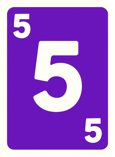 Rectangular card numbered 5, with a white border around it and a purple background..
In-Game asset.  2d.  High contrast.  No shadows