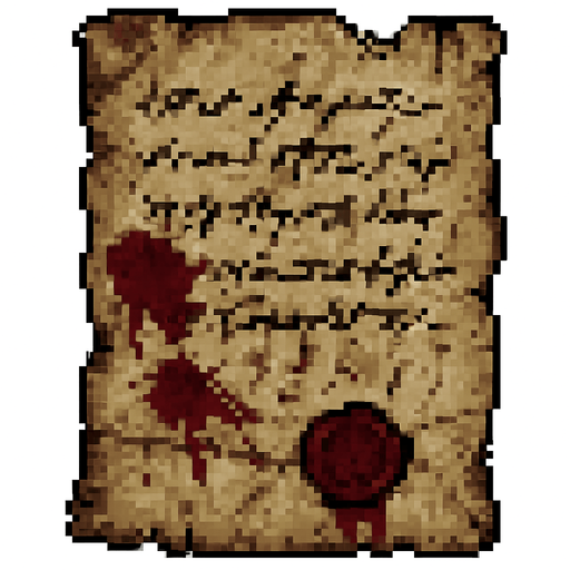 Create a pixel-art item of an old, mysterious letter for a horror-themed 2D game. The letter should be a yellowed, slightly torn piece of parchment with faded ink handwriting on it. Include smudges, old blood stains, or water damage for a haunting effect. The handwriting should look rushed or distressed. Fold marks or a wax seal (partially broken) can be added as details. It should look like something found in an abandoned house or crypt. PNG format with transparent background, suitable for inventory or collectible items..
In-Game asset.  2d.  High contrast.  No shadows