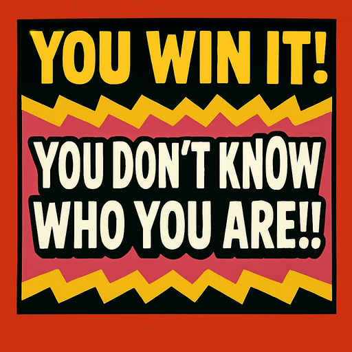 Make a banner "YOU WIN IT! YOU DON'T KNOW WHO YOU ARE!!!".
In-Game asset.  2d.  High contrast.  No shadows