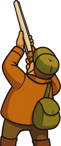 cartoon style back view duck hunter use white shootgun straight vertical shoot act.