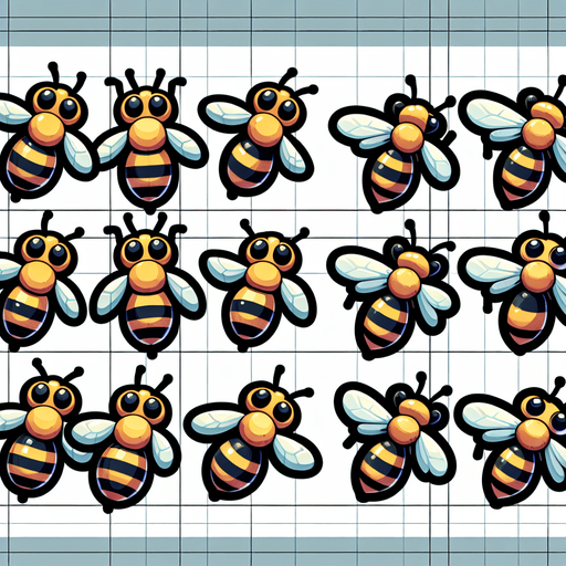 A sprite sheet of bees flying. Birds Eye view. No wings. Bold cartoon graphics. Looking down on bee
Single Game Texture. In-Game asset. 2d. Blank background. High contrast. No shadows.
