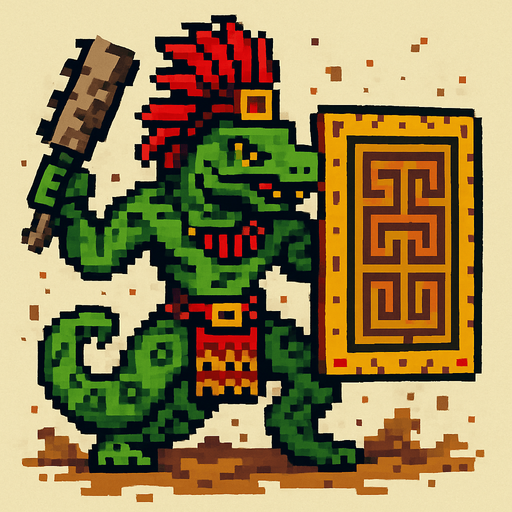 Generame un guerrero azteca con patrones, estilo pixelar, además será un animal Anaconda verde, con efectos de tierra, cargando un gran escudo o muro..
In-Game asset.  2d.  High contrast.  No shadows