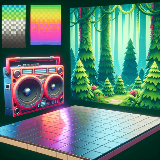 A forest with boombox, dance floor and mirror Single Game Texture. In-Game asset. 2d. Blank background. High contrast. No shadows.