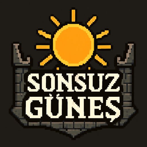 Sonsuz Güneş oyunu yazan orta çağ temalı bit oyun logosu.
In-Game asset.  2d.  High contrast.  No shadows