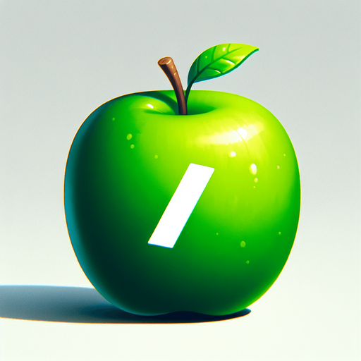 white " /" on a green apple.
Single Game Texture. In-Game asset. 2d. Blank background. High contrast. No shadows.
