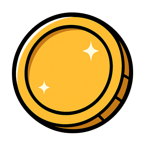 Simple golden coin, rounded, shiny, big black outline, funny