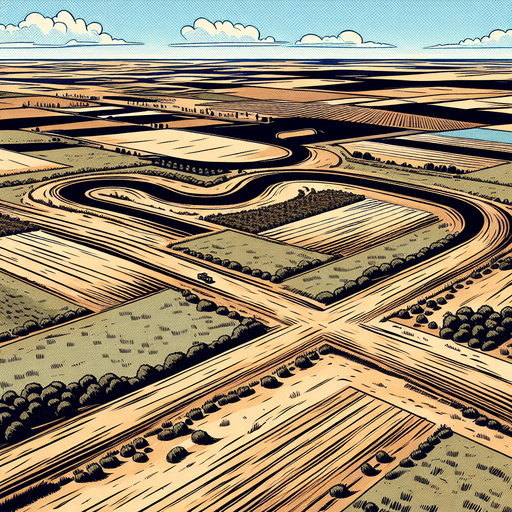 A plain in a comic style with a dirt road with 4 turn staring to top to the botom see from a top and 50 meter high view Single Game Texture. In-Game asset. 2d. Blank background. High contrast. No shadows.