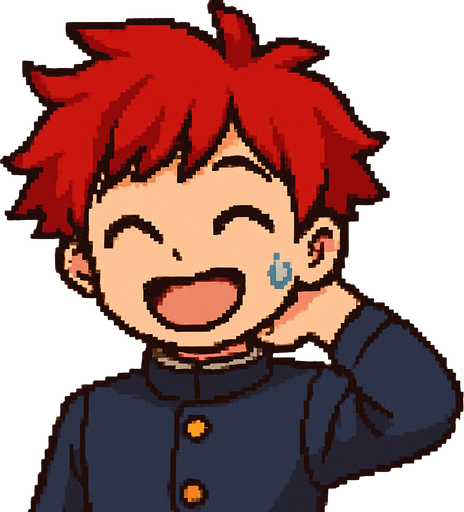 A kawaii anime boy scratches the back of his neck while laughing with his eyes closed, as a bead of sweat runs down his cheek