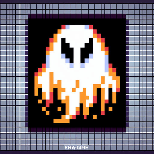 giant 8bit ghost video game boss.
Single Game Texture. In-Game asset. 2d. Blank background. High contrast. No shadows.