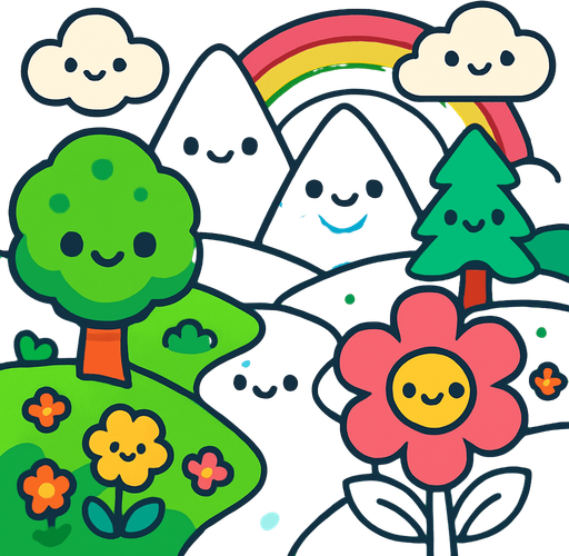 crea un paisaje kawai.
In-Game asset.  2d.  High contrast.  No shadows