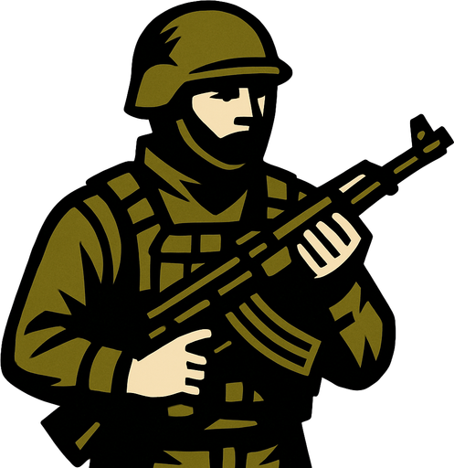 elinde silahı olan bir asker.
In-Game asset.  2d.  High contrast.  No shadows