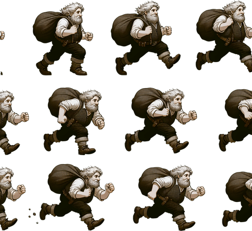 Sprite sheet d'un nain qui court avec un grand sac pour attraper quelque chose
