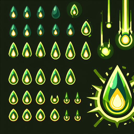 A sprite sheet of energy projectiles. Green projectiles tear shaped with yellow energy core.
Single Game Texture. In-Game asset. 2d. Blank background. High contrast. No shadows.
