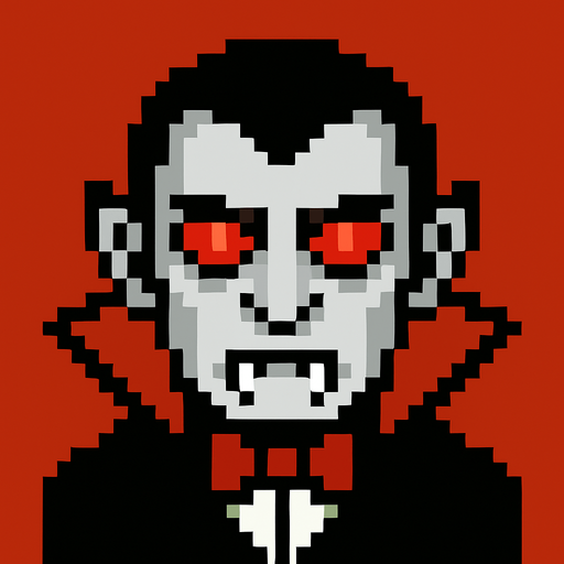 make pixel red eye dracula.
In-Game asset.  2d.  High contrast.  No shadows