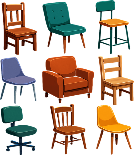 Pack of different chairs.
In-Game asset.  High contrast.  No shadows. 3D