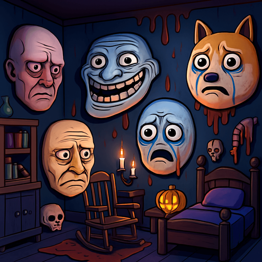 3D Scary room with many 3D decorations around, 3D scary masks of memes around it.
In-Game asset.  3D.  High contrast.  No shadows. no jesus cross. no star of 6. no start of 5. no devil. HD colors