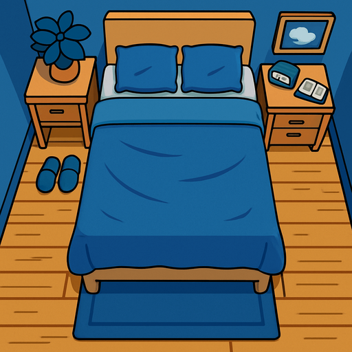 a top view of a bedroom with a blue bed.
In-Game asset.  2d.  High contrast.  No shadows