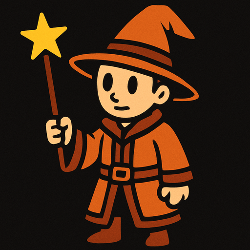 Mago con sombrero naranja y marrón sin barba con varita con estrella, de cuerpo entero.
In-Game asset.  2d.  High contrast.  No shadows