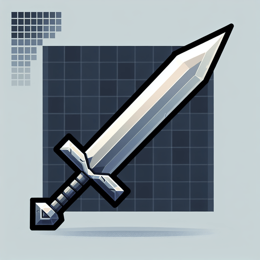 Épée argenté dirigée vers bas.
Single Game Texture. In-Game asset. 2d. Blank background. High contrast. No shadows.