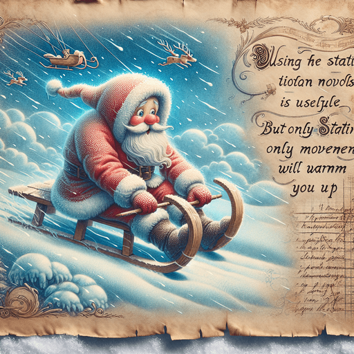a pergament with a freezing santa on a sledge in the sky. There is the text: "using the stationary mode is useful, but only movement will warm you up"