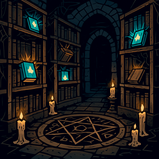 An ancient hidden library with towering dusty shelves, glowing enchanted books, cobwebs, stone floor with arcane symbols, candlelit mystery.
In-Game asset.  2d.  High contrast.  No shadows