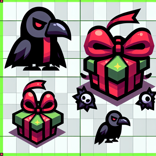Cartoon of a christmas present, evil raven style, side view Single Game Texture. In-Game asset. 2d. Blank background. High contrast. No shadows.