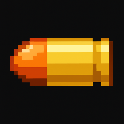 una bala de pistola 9 milimetros hecha con pixeles con perspectiva lateral.
In-Game asset.  2d.  High contrast.  No shadows