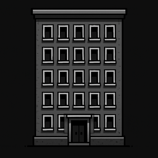 City building 2d game long and grey with windows.
In-Game asset.  2d.  High contrast