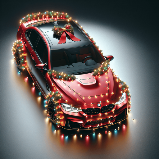 Photorealistic red BMW M3 Wrapped with Christmas lights that light up in various colors, little golden bow on hood, top view
