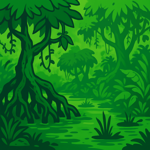 A swampy background with mangrove trees and overall overgrown but lush aesthetics.
In-Game asset.  2d.  High contrast.  No shadows